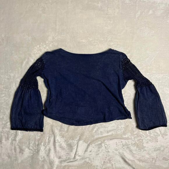 Angie Boho Top Women's M Dark FairyCore Navy Black Crocheted Bell Sleeve Tribal - Picture 4 of 7